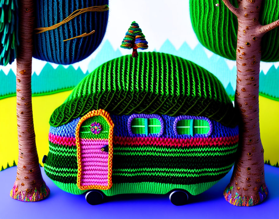 Colorful Knitted Landscape with Yarn-Covered House and Trees