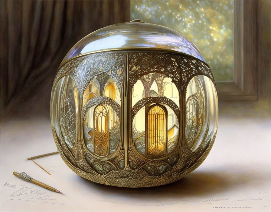 Intricate metalwork lantern with glowing windows and pencil on soft background