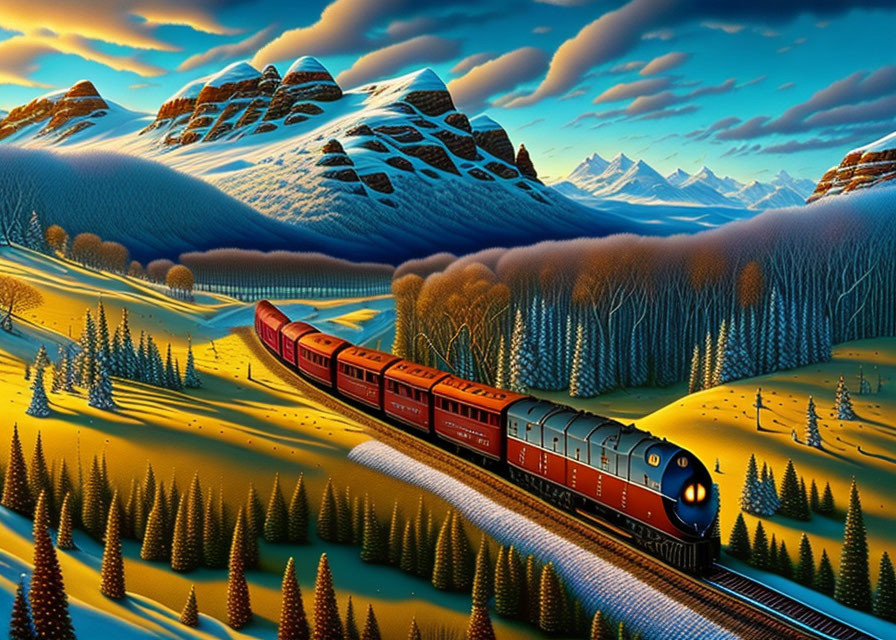 Scenic red train in snowy mountain landscape