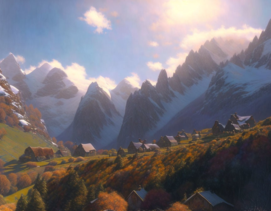 Scenic animated mountain village at sunset with cozy cottages and snowy peaks