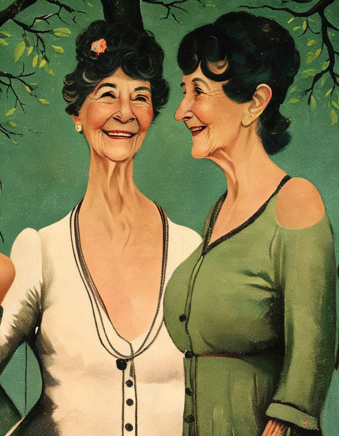 Elderly women in white and green dresses smiling, linked arms, floral backdrop