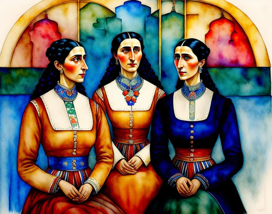 Colorful Painting Featuring Three Women in Traditional Dress