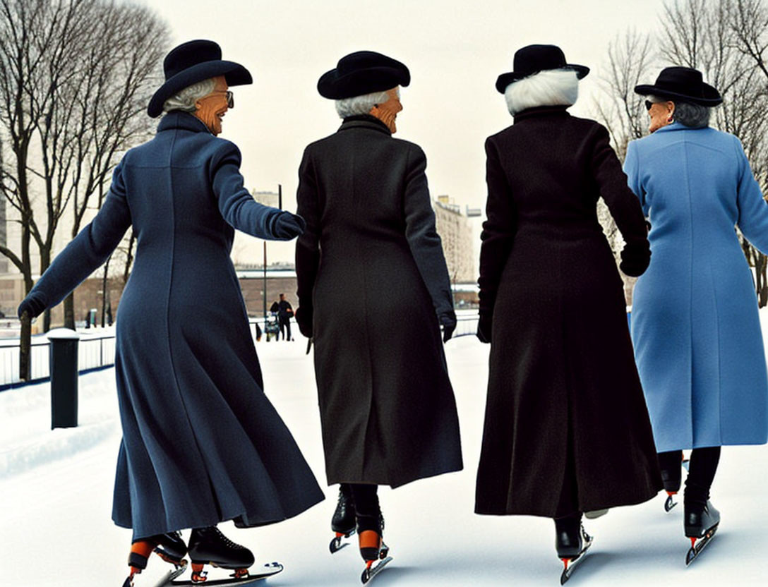 Four individuals ice skating in stylish coats and hats in a line