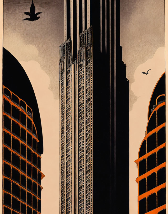 Art Deco skyscraper illustration with birds in sunset sky