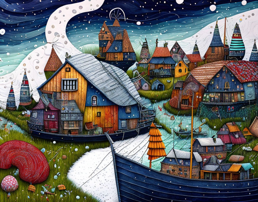 Colorful Stylized Village Illustration with Quirky Houses, Windmills, Boat,