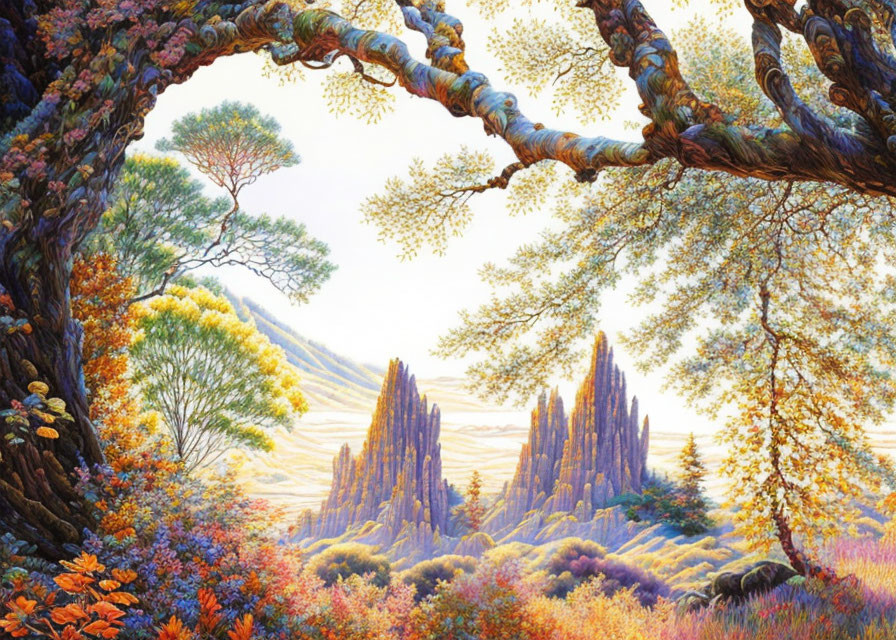 Colorful landscape painting: twisted trees, flower field, spires, lone hill tree