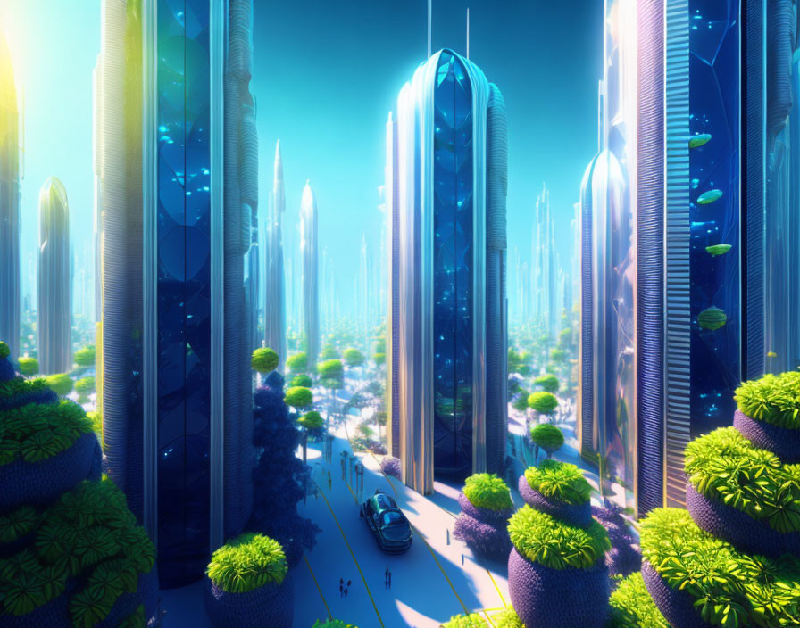 Futuristic cityscape with skyscrapers, greenery, car, and floating islands.