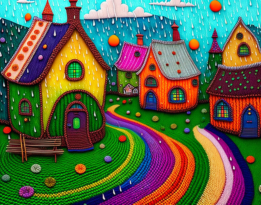 Vibrant, patterned houses in whimsical village with rainbow road and multicolored rain