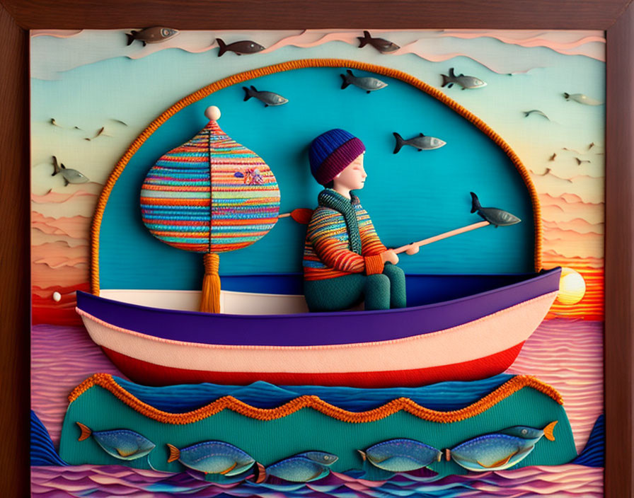 Layered Paper Art Scene: Person Fishing in Boat on Colorful Sea