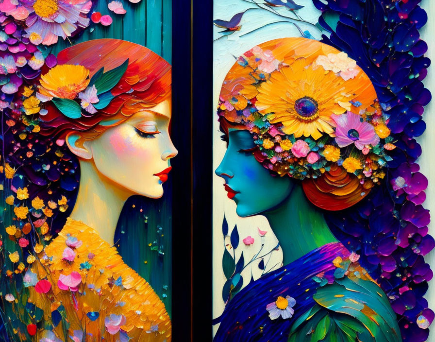 Colorful portraits of women with floral hair decorations facing each other on split canvas