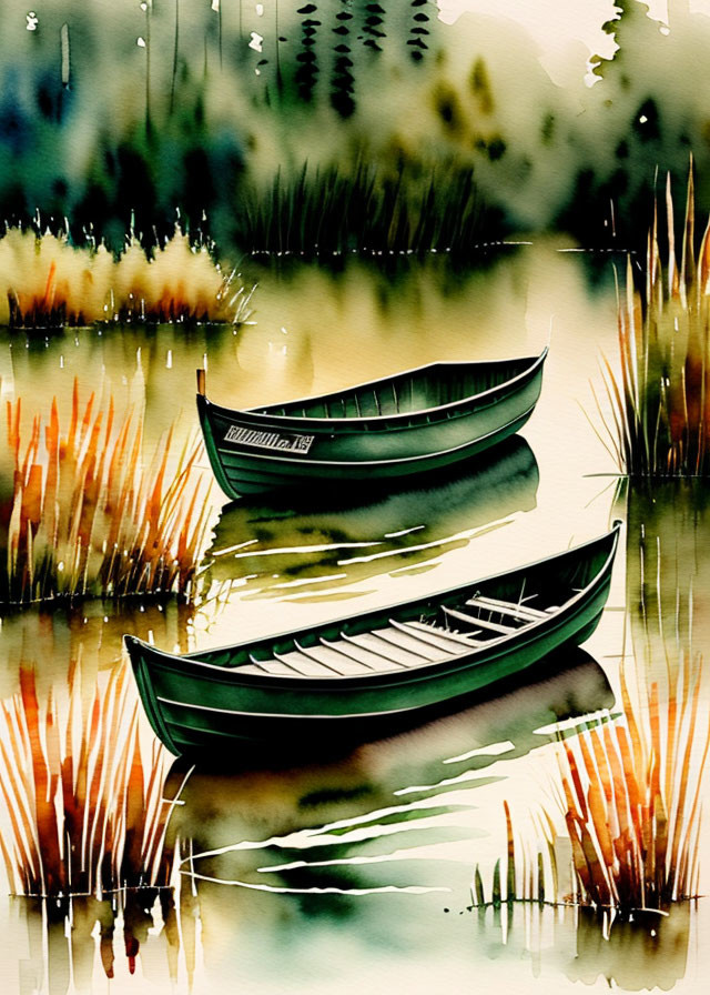 Green boats on calm water with reflections and tall grasses in serene painting