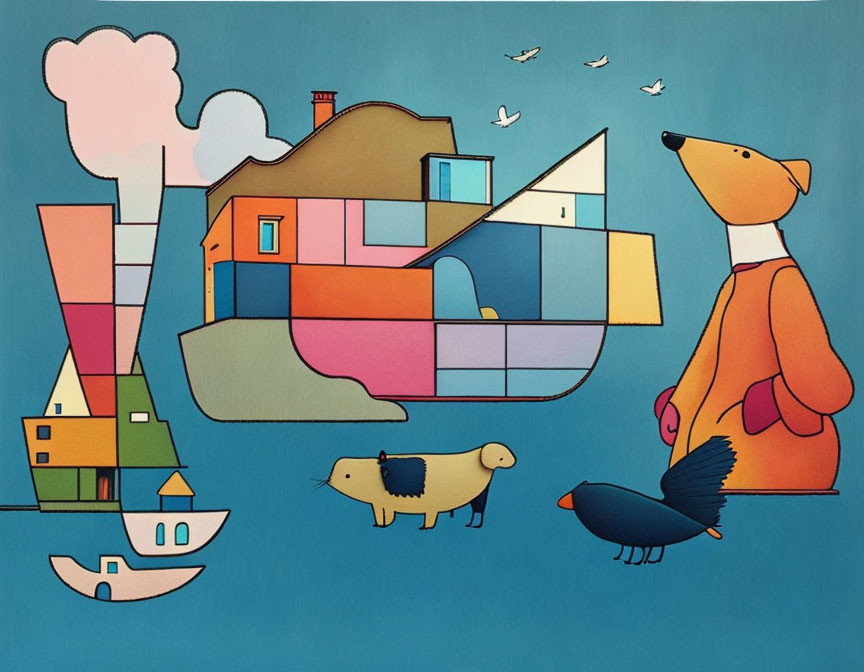 Whimsical illustration of large orange dog and colorful houses, animals, and birds