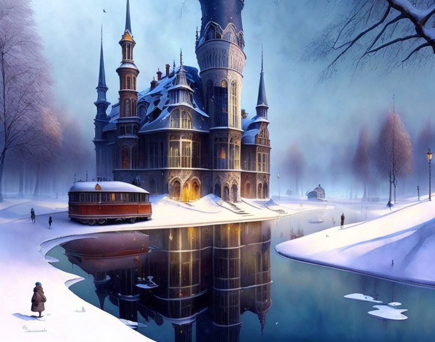 Victorian-style castle in winter scene with tram, frozen lake, and people