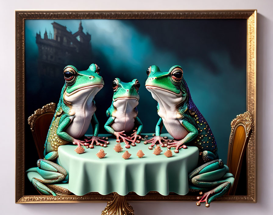 Anthropomorphic Frogs Enjoying Pink Cakes Under Stormy Sky