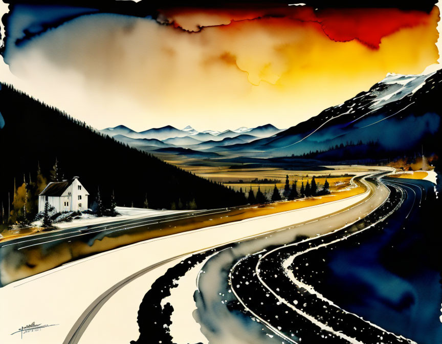 Scenic painting of mountain road with house under colorful sky