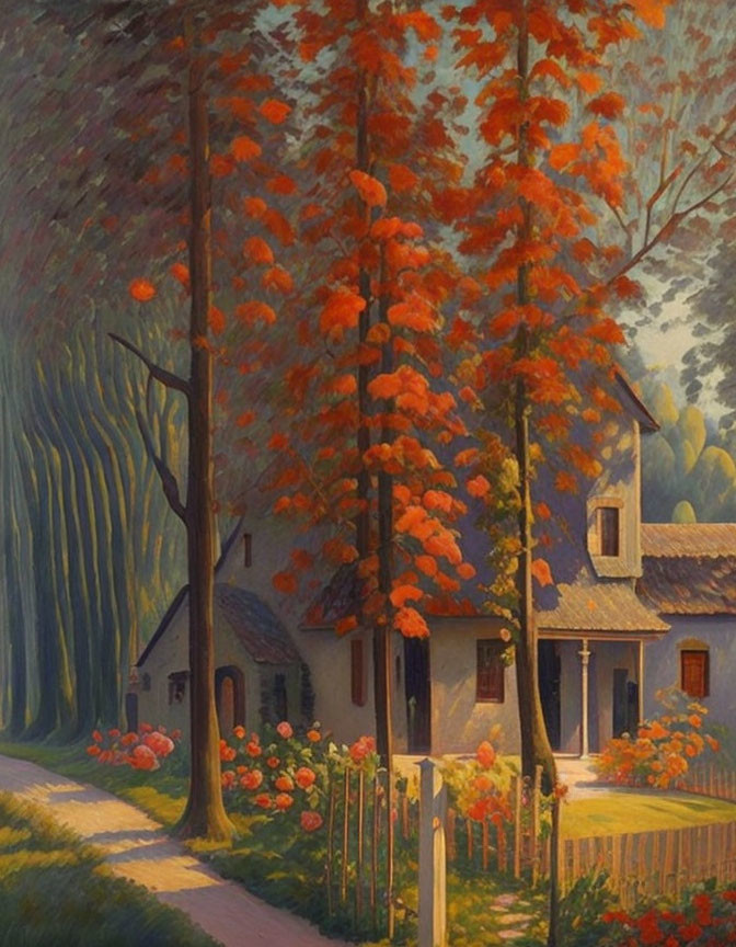 Tranquil autumn landscape with cozy cottage and red trees