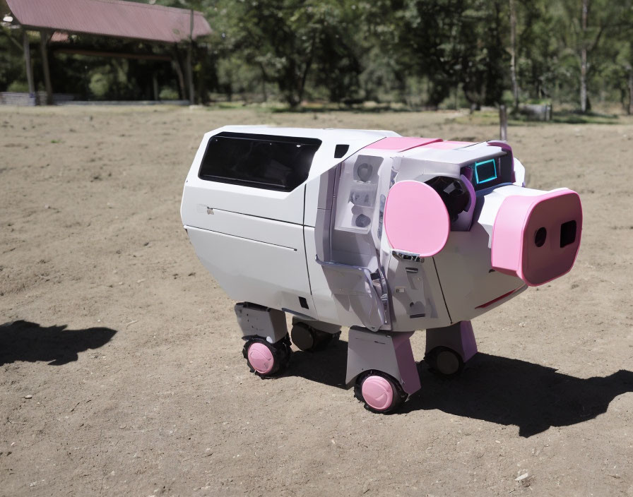 White and pink robotic pig on dirt ground with trees and wooden shelter