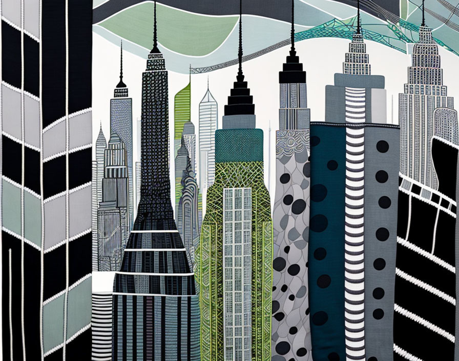 Monochromatic cityscape with stylized skyscrapers and geometric patterns