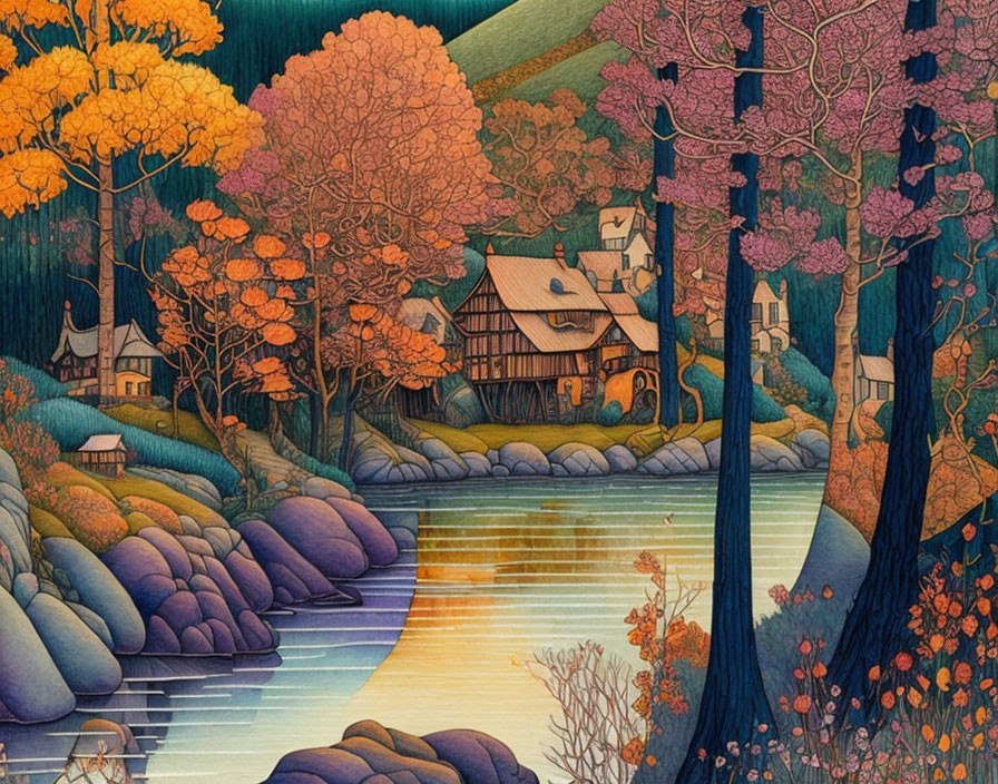 Colorful autumn landscape with river, houses & nature's tranquility