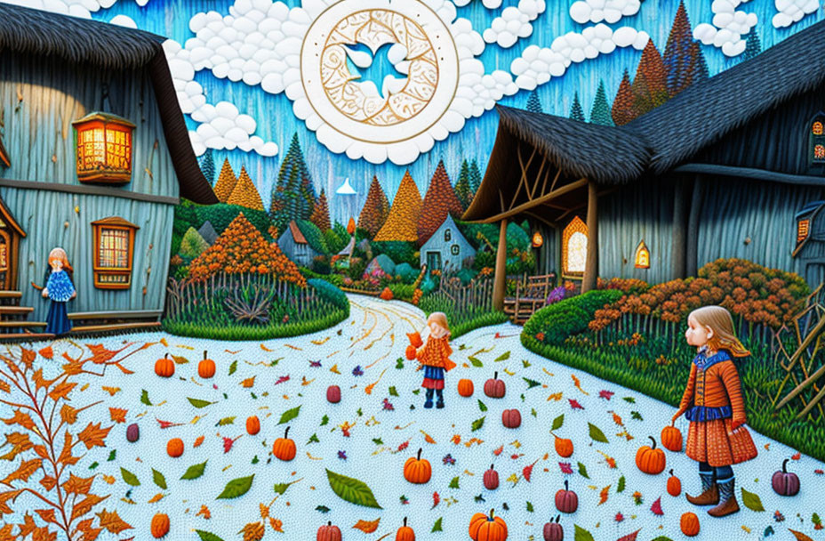 Colorful village scene with people, pumpkins, and vibrant foliage under stylized sky