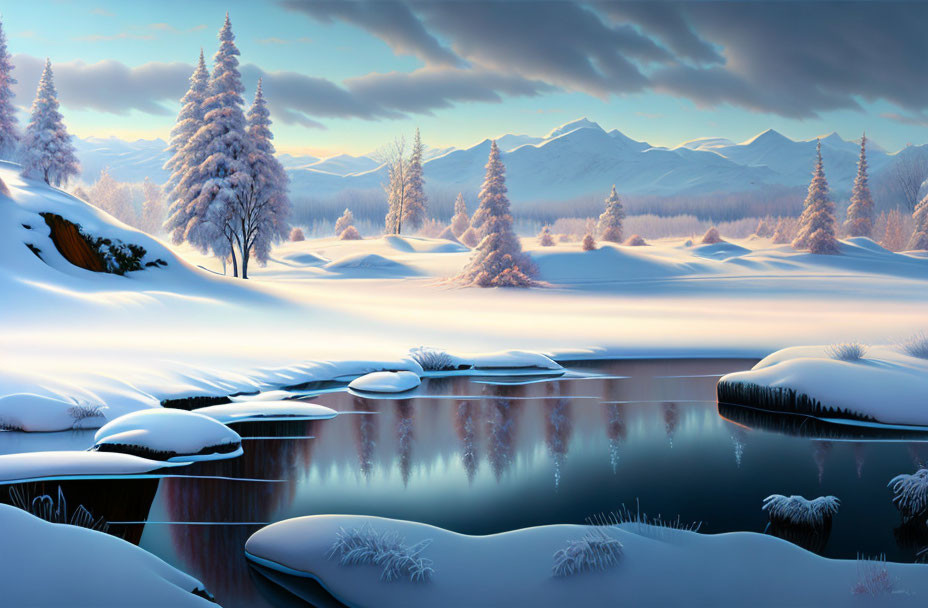 Snow-covered trees and mountains reflected in calm river at dawn or dusk