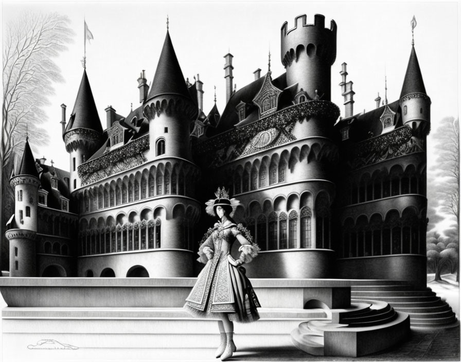 Regally dressed individual in front of fantasy-style castle.