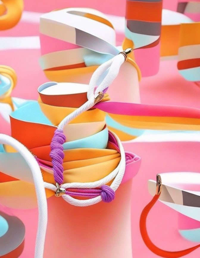 Abstract ribbons and cords in pastel tones on pink background: a playful art piece