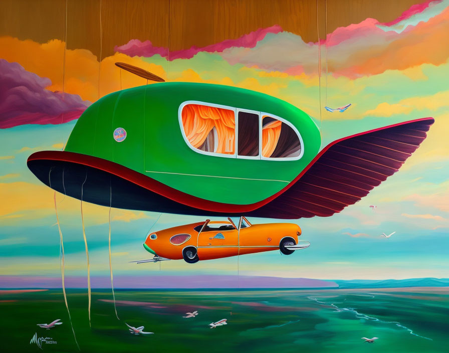 Surreal painting: orange car suspended by strings on green, winged trailer in landscape with birds