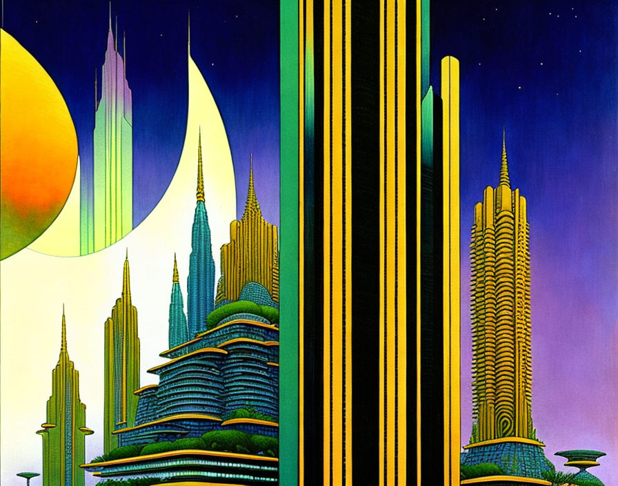 Vibrant futuristic cityscape with stylized skyscrapers and alien vegetation