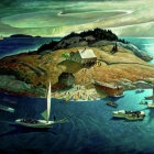 Colorful painting of seaside cottages, swirling skies, textured waves, boats, and green hills under