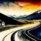 Scenic painting of mountain road with house under colorful sky