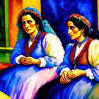 Vibrant artwork of four women in traditional dress with stained-glass background