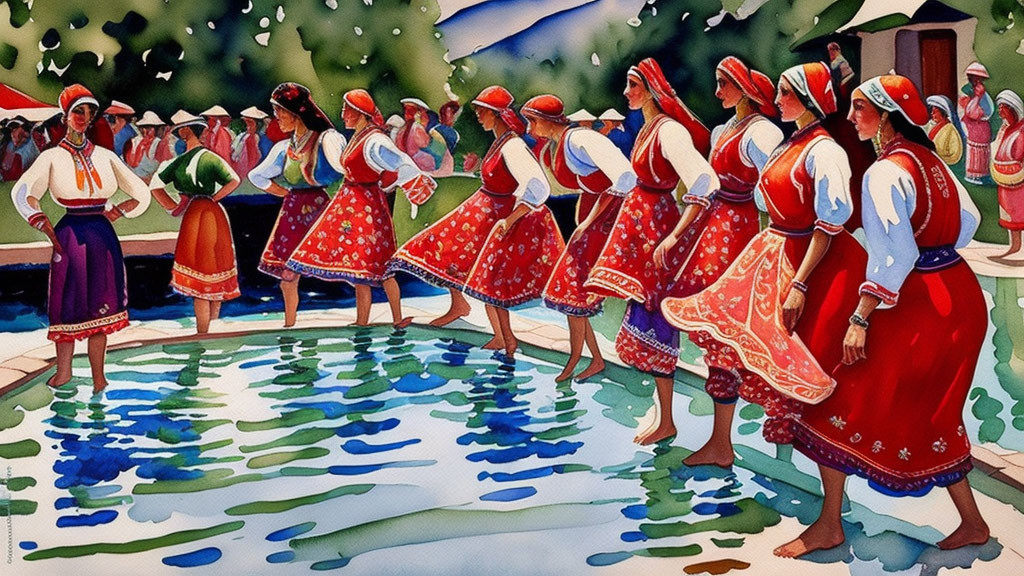 Women in traditional attire dancing by a pool with onlookers in folk costumes