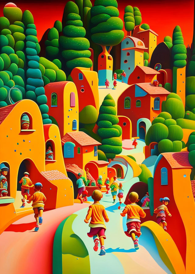 Whimsical painting of stylized orange houses and green trees with colorful figures walking.