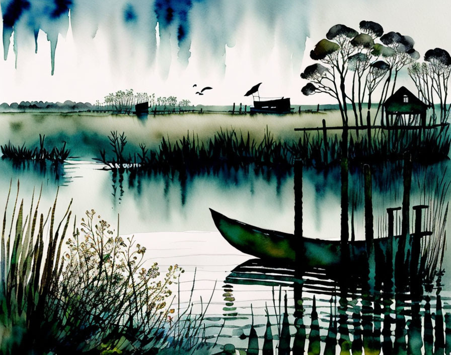 Tranquil watercolor landscape: lake, boat, hut, birds, moody sky