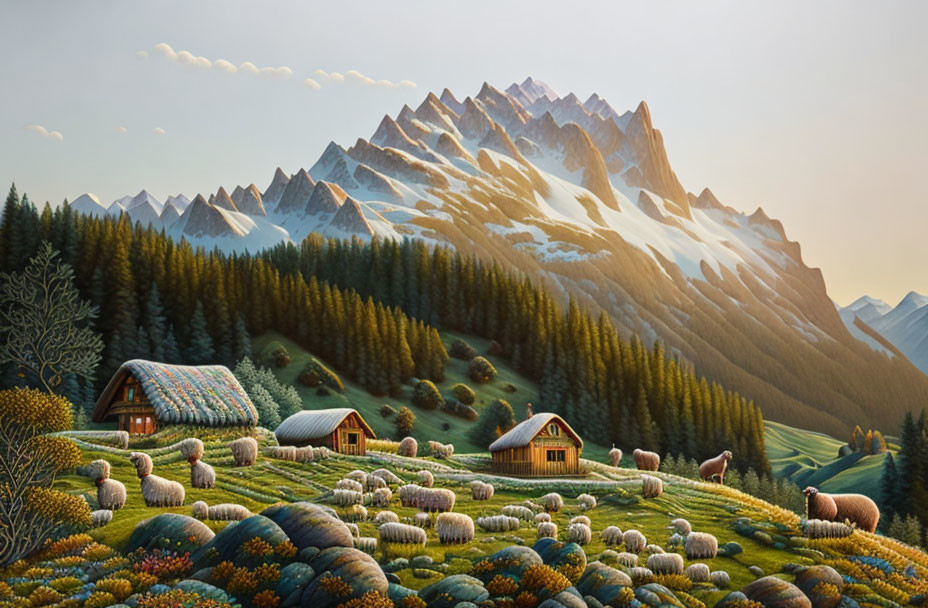 Tranquil landscape with grazing sheep, wooden cabins, snow-capped mountains