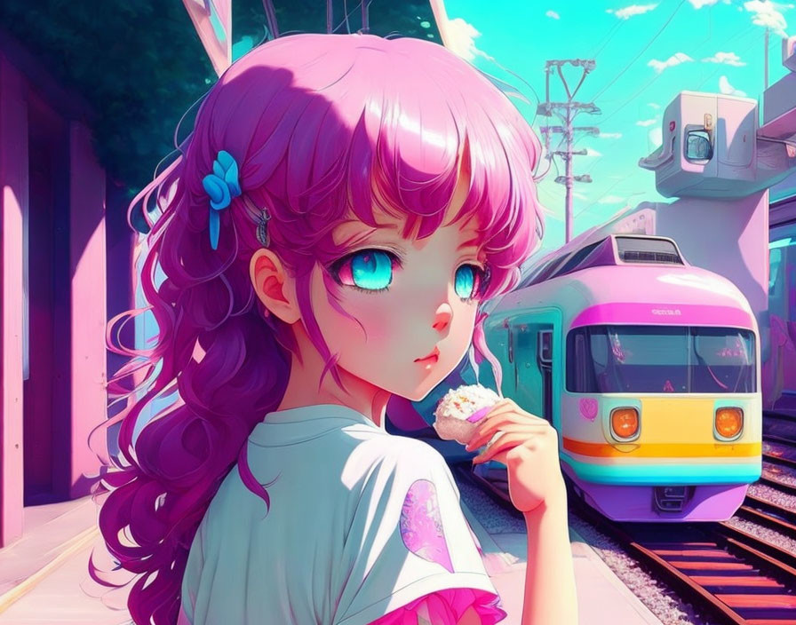 Colorful Anime Illustration of Girl Eating Pastry with Train Background