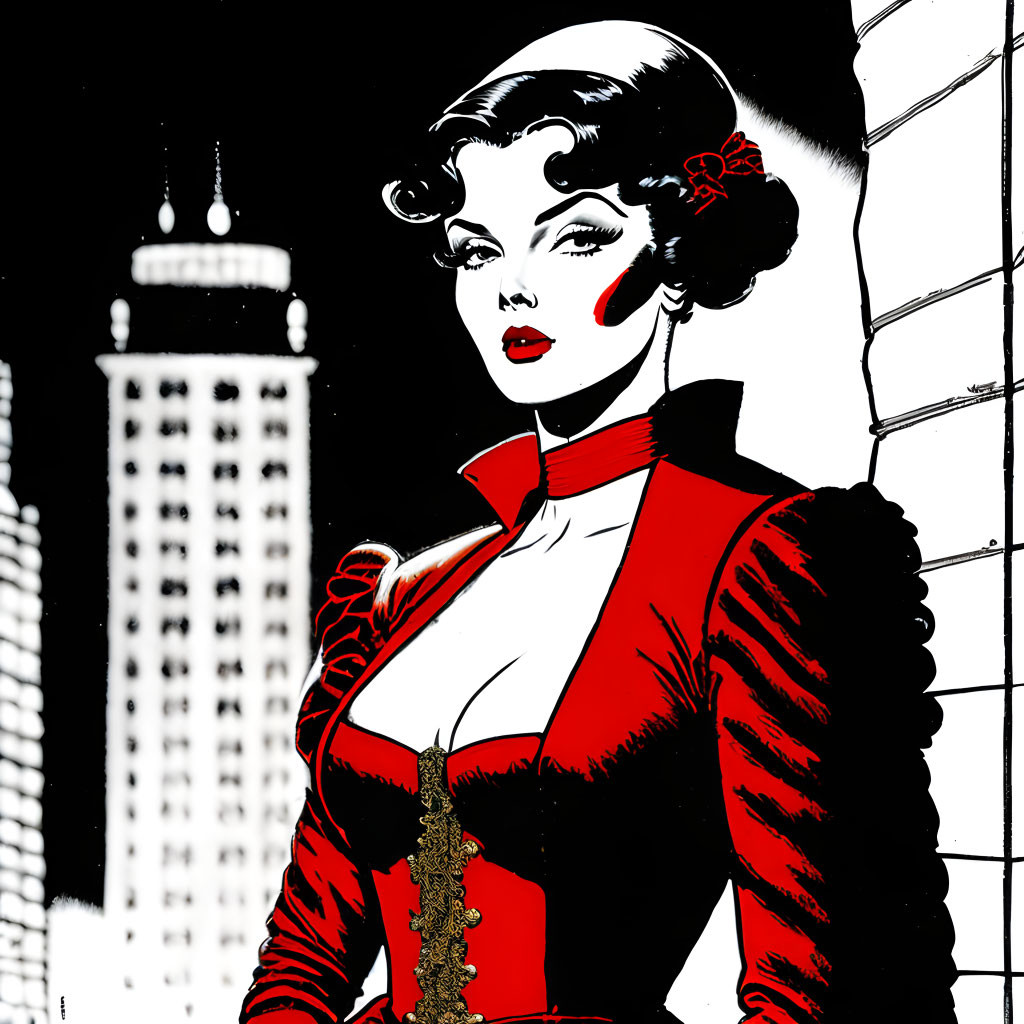 Vintage Style Woman in Red Outfit Against Cityscape