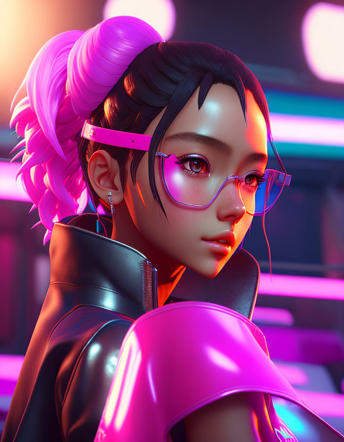 Digital artwork of girl with high ponytail, glasses, headphones, neon-lit backdrop