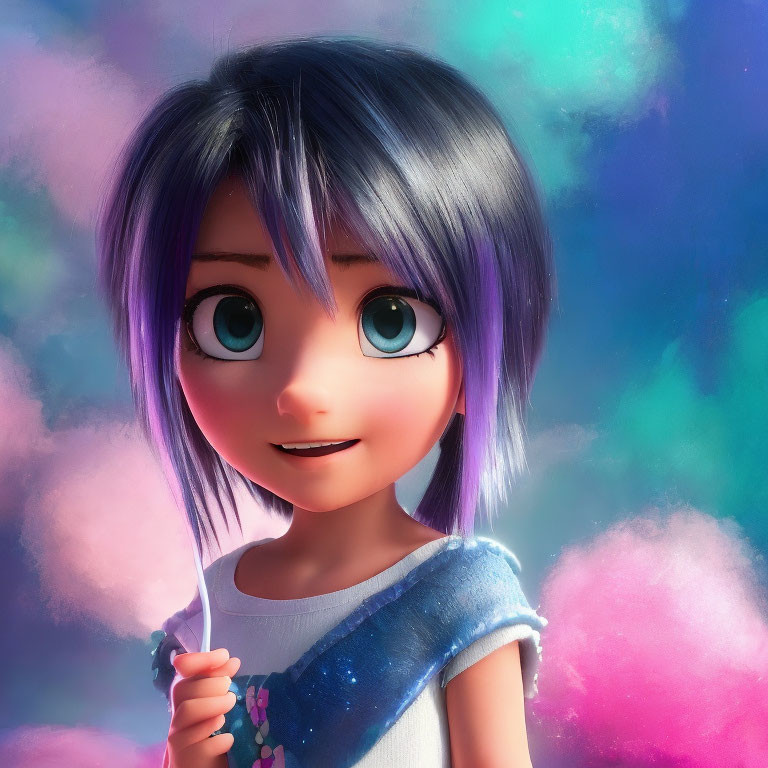 Short Purple-Haired 3D Animated Character Smiling