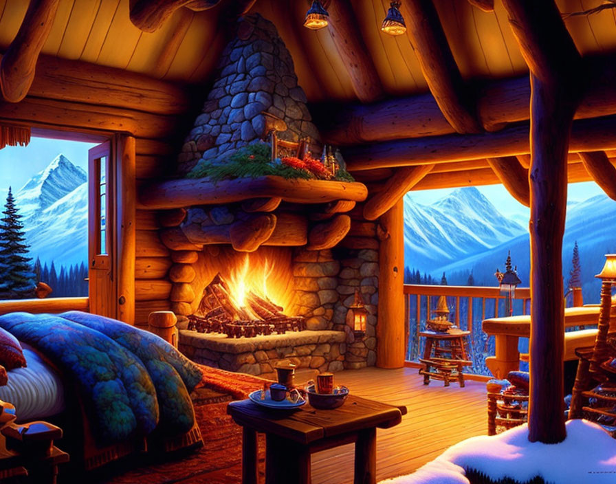 Snowy mountains view from cozy log cabin with fireplace