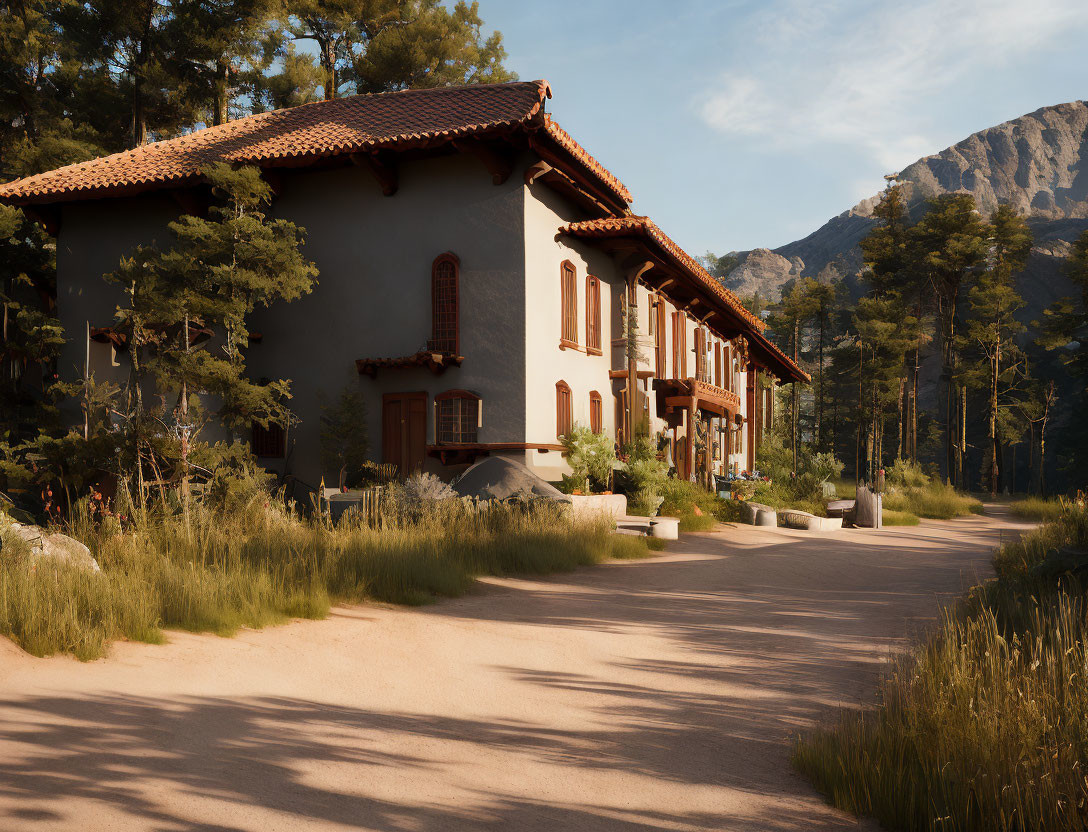 Tranquil scene: Path to rustic two-story building surrounded by nature