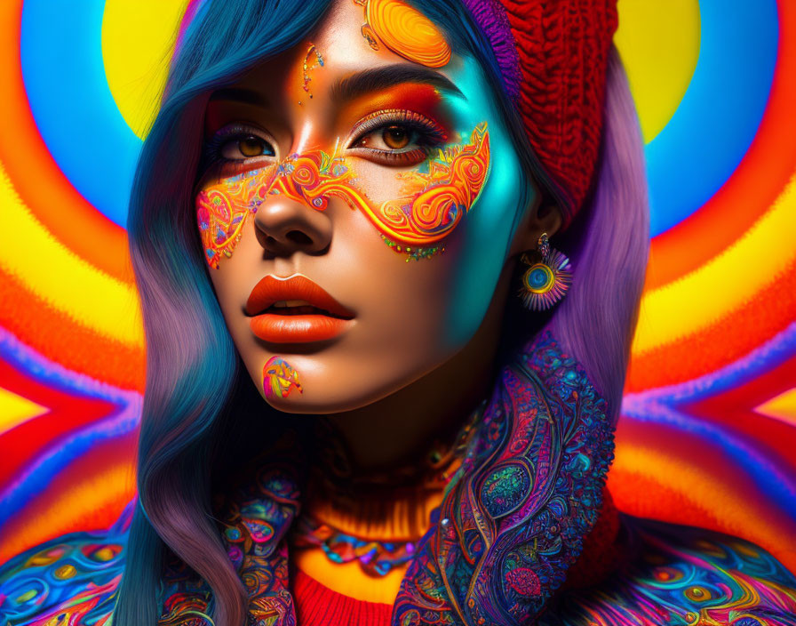 Colorful portrait of a woman with blue hair and face paint against psychedelic backdrop