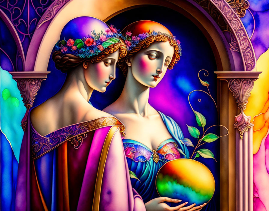 Stylized female figures with floral crowns and flowing garments in front of colorful arched backdrop