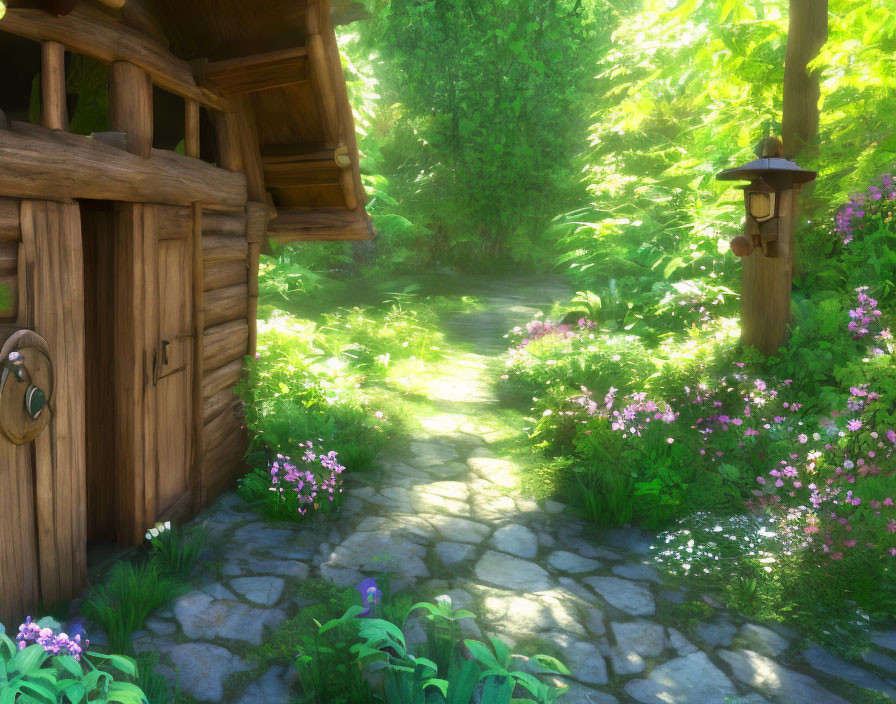 Tranquil garden scene with wooden hut, stone path, blooming flowers, and lush green backdrop