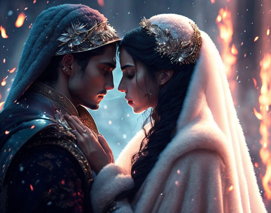 Regal couple in elaborate attire share a tender moment in snowy setting