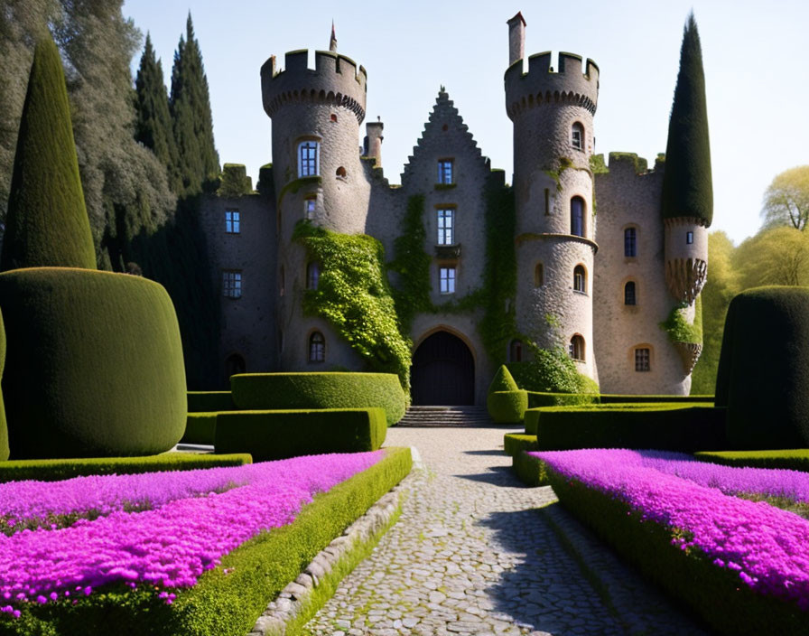 Medieval castle with twin towers, manicured bushes, and purple flowers.