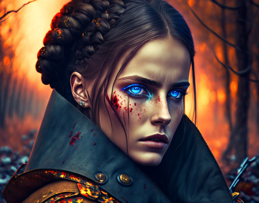 Digital Artwork: Woman with Blue Eyes, Braided Hair, and Bloodstains in Autumn Forest