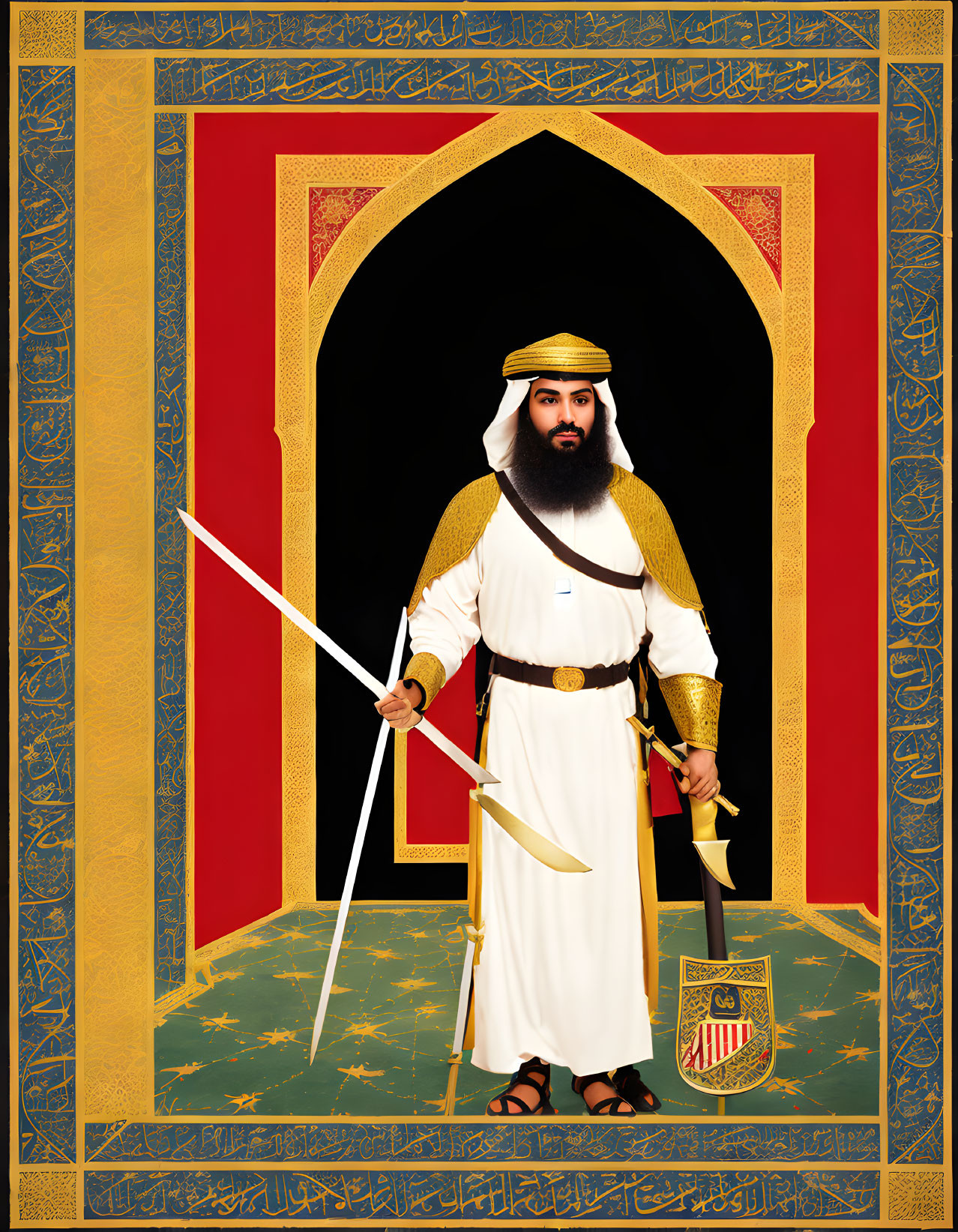 Traditional Middle Eastern Attire Man with Sword and Decorative Arch