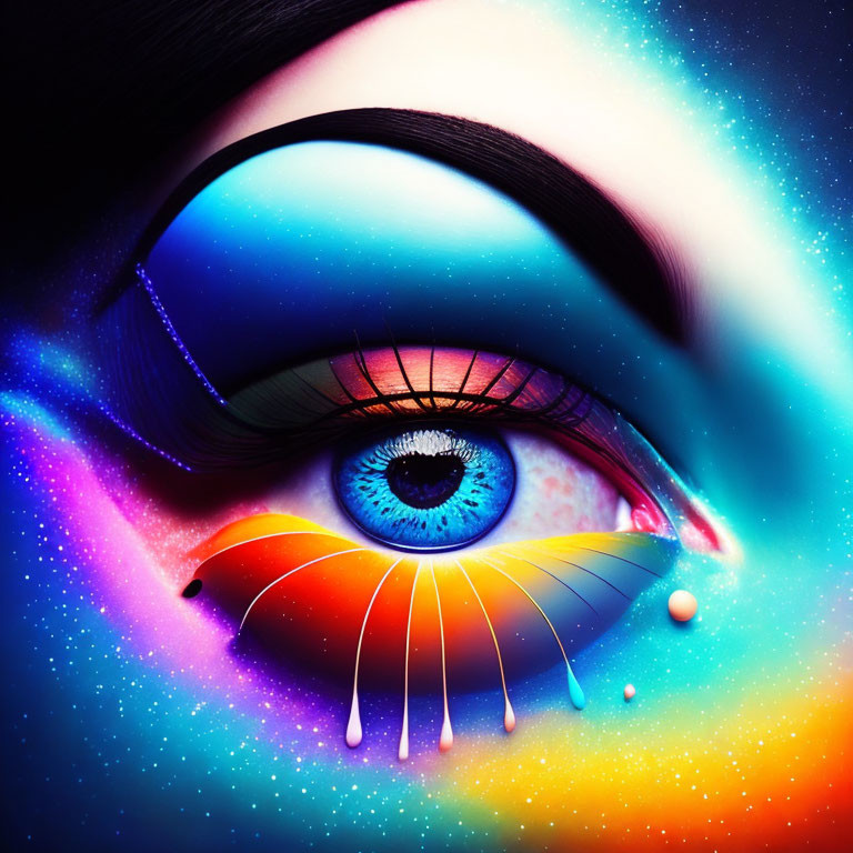 Colorful close-up eye with tear on cosmic starry background